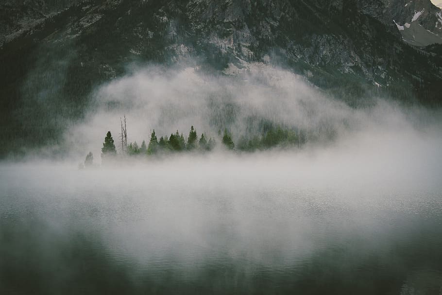 fog, haze, hazy, mountains, hills, peaks, cliffs, rocks, trees, water