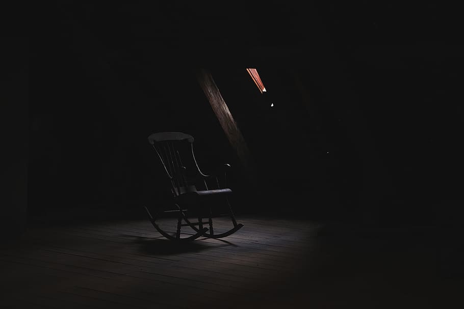empty, gray, rocking chair, house, rocking, chair, dark, room, creepy, wood