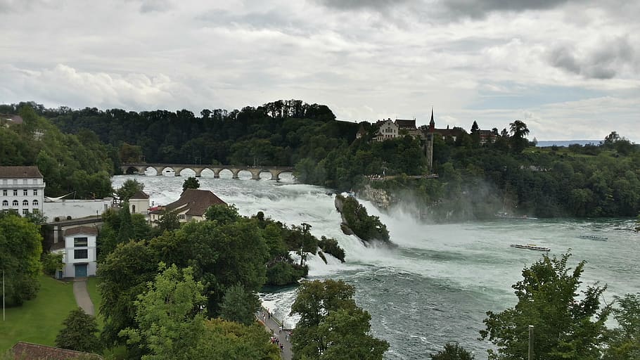rhine falls, schaffhausen, cascada, suiza, agua, rin, estructura construida, árbol, arquitectura, exterior del edificio