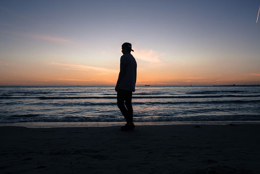 people, man, alone, silhouette, beach, sea, ocean, wave, water, sunset