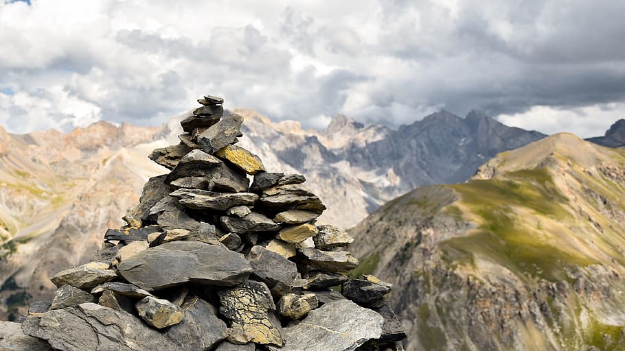 cairn, pile of stones, mound of stones, mountain, summit, panorama, landscape, view, sky, cloudy