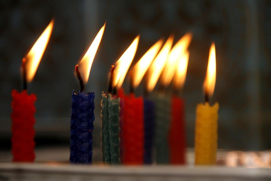 selective, focus photography, two, lighted, blue, green, rebar-style, taper, candles, selective focus