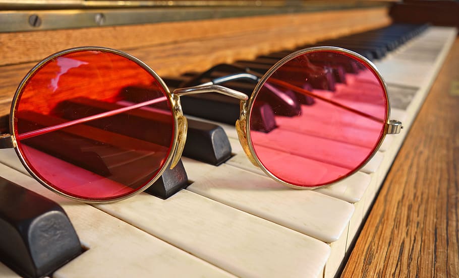 red, round sunglasses, gold-colored frame, top, brown, piano, glasses, spectacles, lens, frame