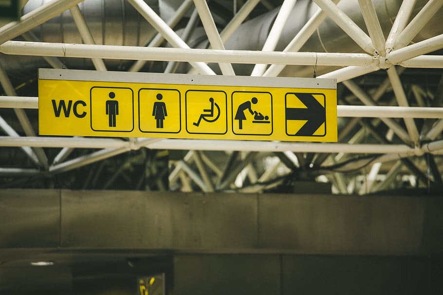 selective, focus photography, yellow, black, signage, pictograms, icons, signs, wc, toilets