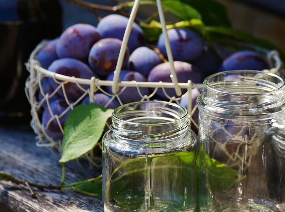 bunch, purple, fruits, two, glass mason jars, plums, glasses, einweckglaeser, plum purée, plum jam