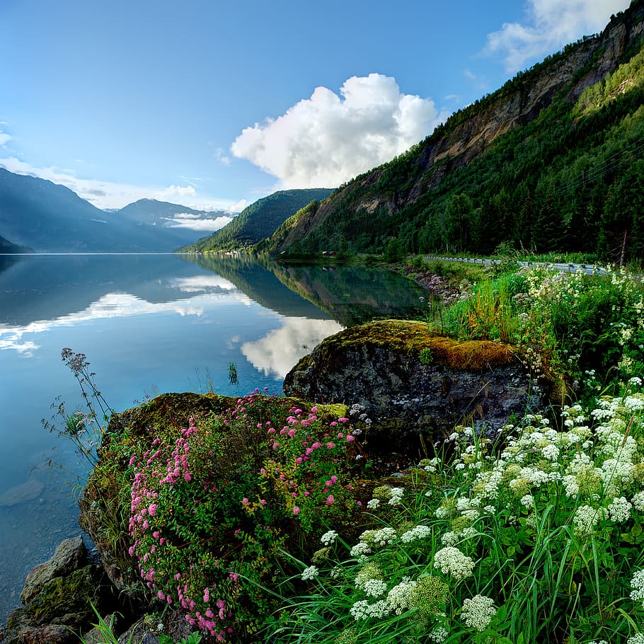 montanha, natureza, paisagem, fiorde, noruega, beleza na natureza, agua, paisagens - natureza, nuvem - céu, céu