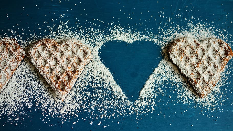 baked heart cookies, waffle heart, waffles, icing sugar, silhouette, pastries, cake, eat, bake, sweet dish