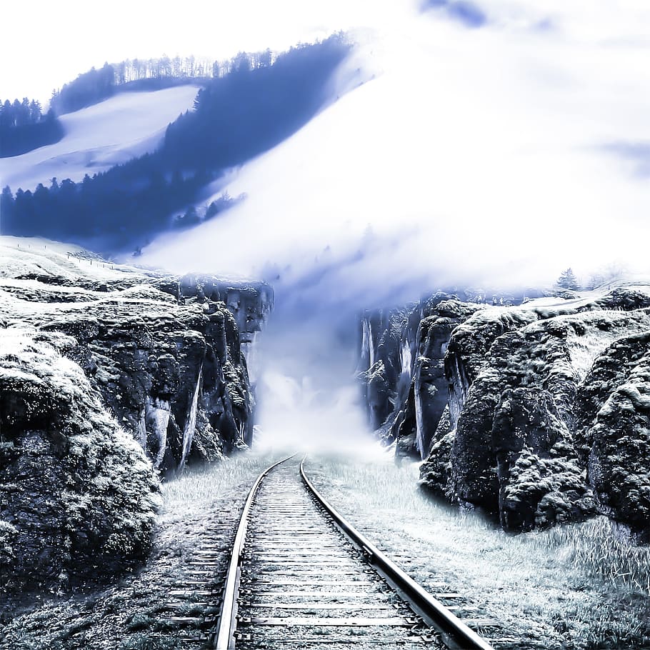 railroad track, railway, locomotive, track, travel, landscape, motion, transportation system, train, snow