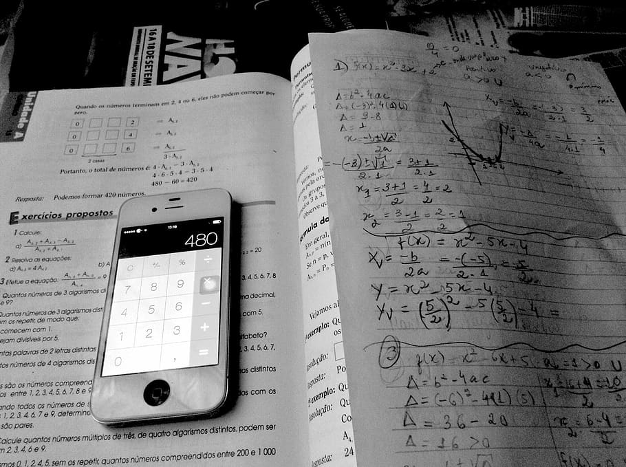 turned-on iphone 4, displaying, calculator 480, workbook, iphone, mathematics, study, communication, technology, paper
