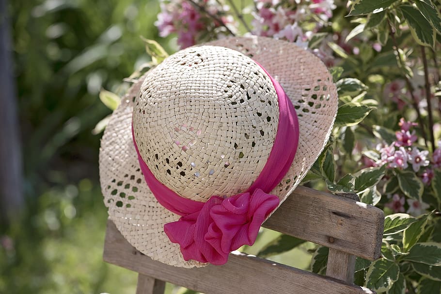 wanita, pink, putih, topi, coklat, kursi, topi musim panas, musim panas, topi jerami, topi wanita