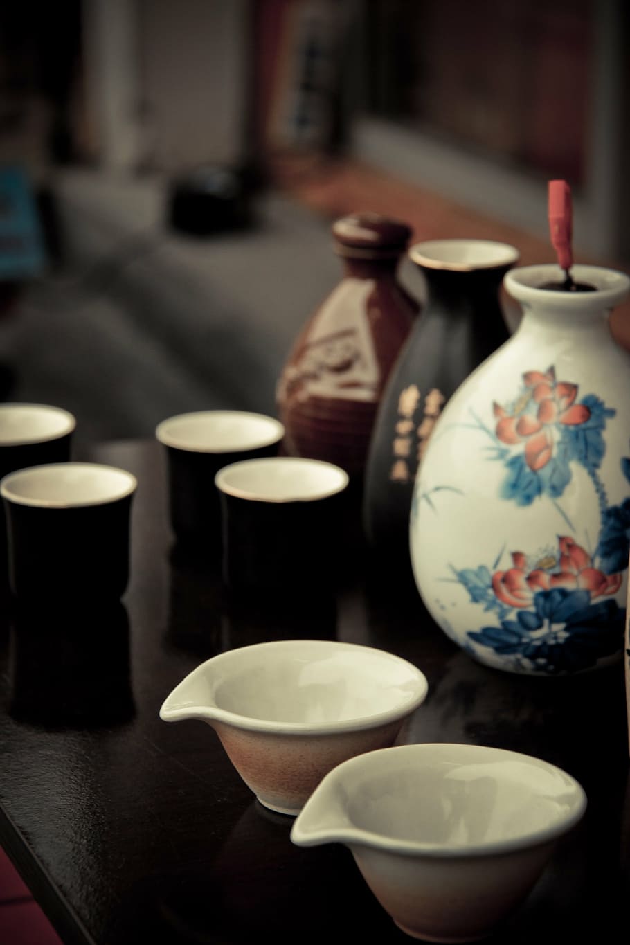 assorted-color, sake, set, bottle, cup, ancient costume, wine, lotus, elegant, pottery