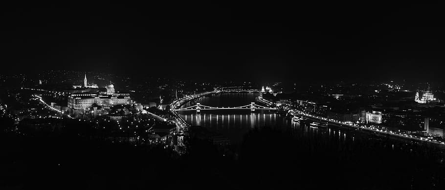 budapest, hungary, black and white, panorama, landscape, cityscape, architecture, built structure, night, building exterior