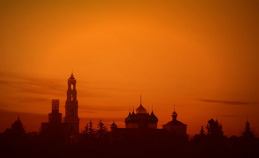 cúpula, sergiev posad, moscovo, pôr do sol, arquitetura, estrutura construída, exterior do edifício, céu, construção, cor laranja