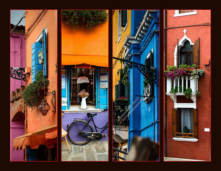 four, assorted, open, windows photo, architecture, collage, italy, holiday, murano, building exterior