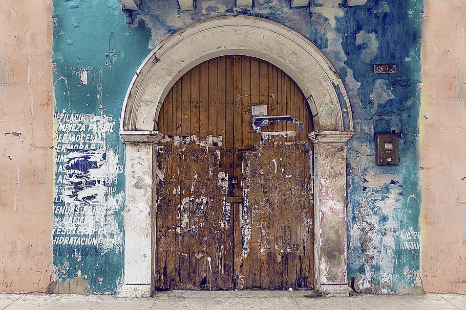 portas, arquitetura, colonial, pintado, tinta spray, arte, papel rasgado, urbano, decadência urbana, cidade