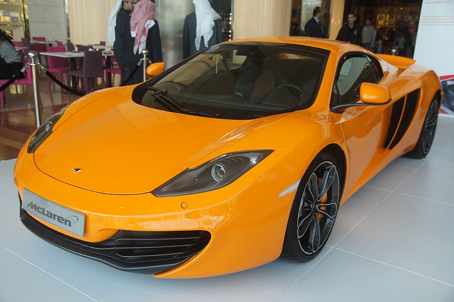 orange, mclaren coupe, inside, showroom, racing car, mclaren, cars, race, sports car, exhibition