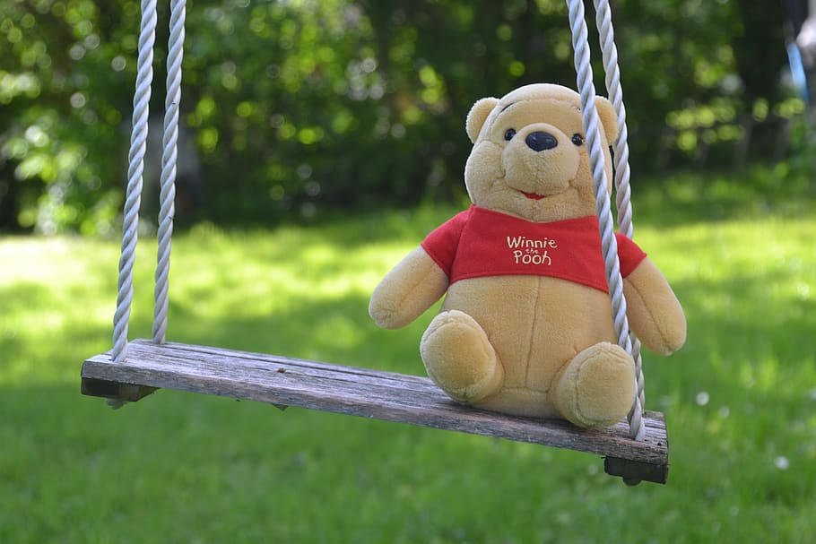 swing, kids rocking, rock, garden, teddy bear, bears, plush, winnie the pooh, furry teddy bear, purry