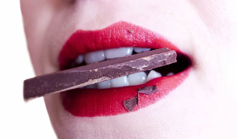 woman, red, lipstick, biting, black, chocolate, mouth, teeth, sweets, bite