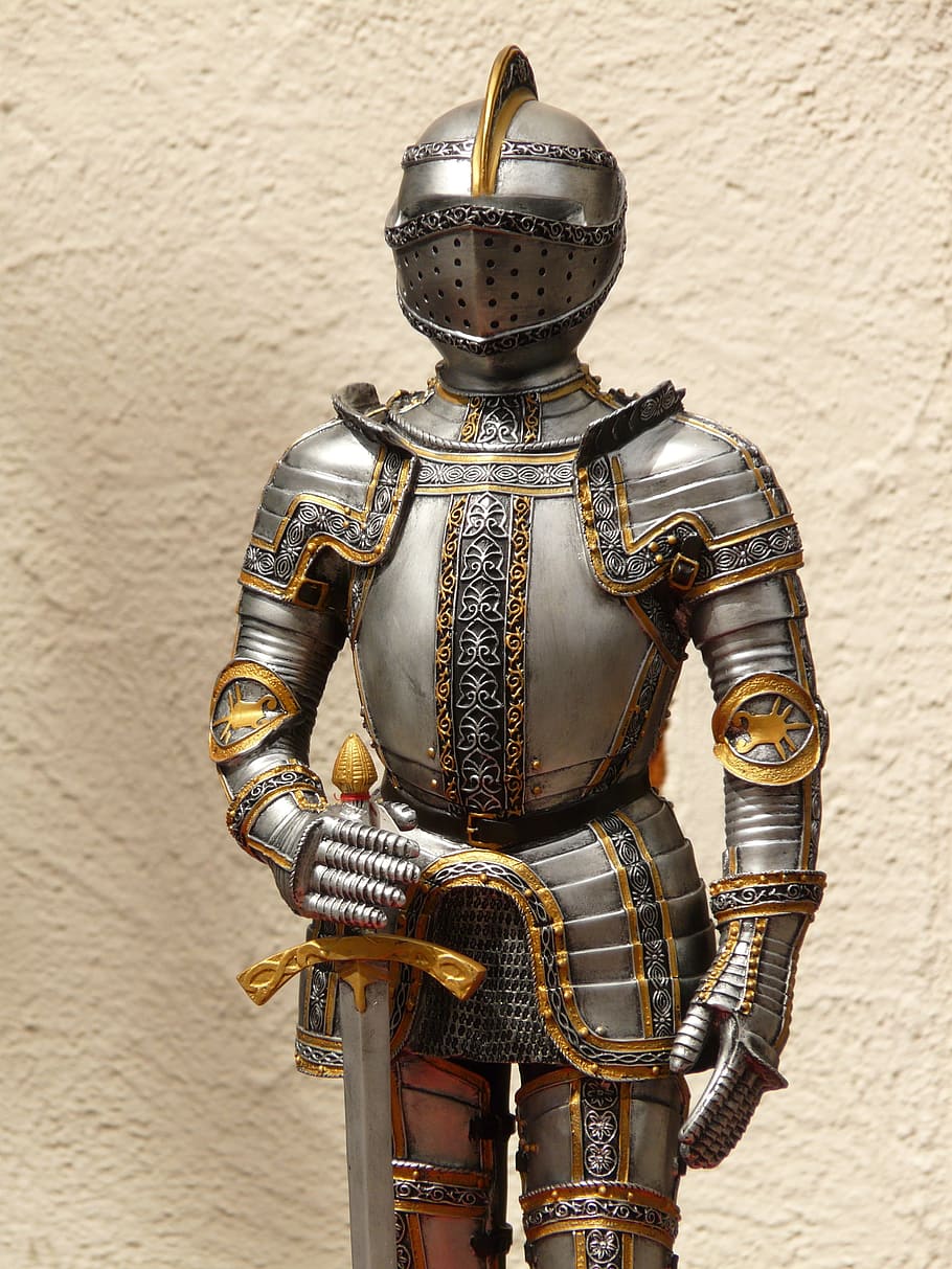 perak, baju besi prajurit emas, ksatria, baju besi, ritterruestung, tua, abad pertengahan, logam, pedang, perlindungan