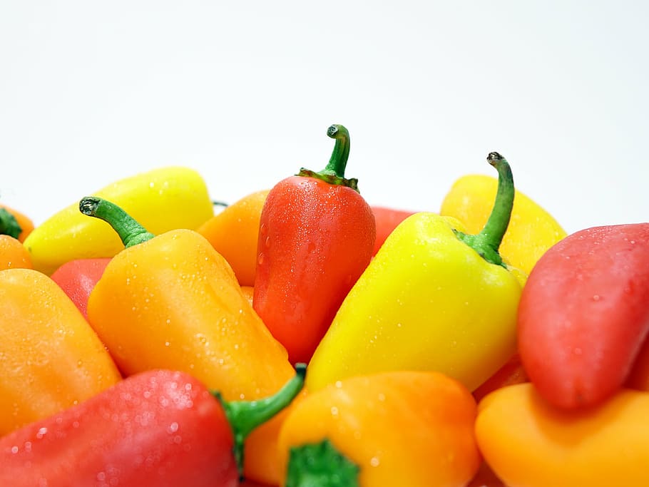 red, yellow, bell pepper lot, pepper, orange, paprika, salad, food, ingredient, vegetable