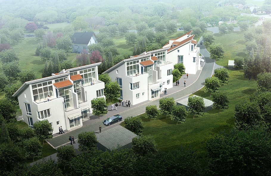 three, white, buildings, surrounded, trees, semi-detached house, villa, rendering, visualization, architecture
