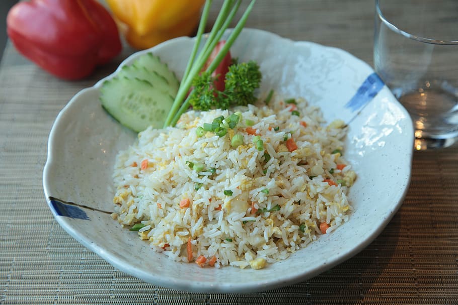 cooked, rice, white, ceramic, plate, fried rice, exotic, food, philippines, meat