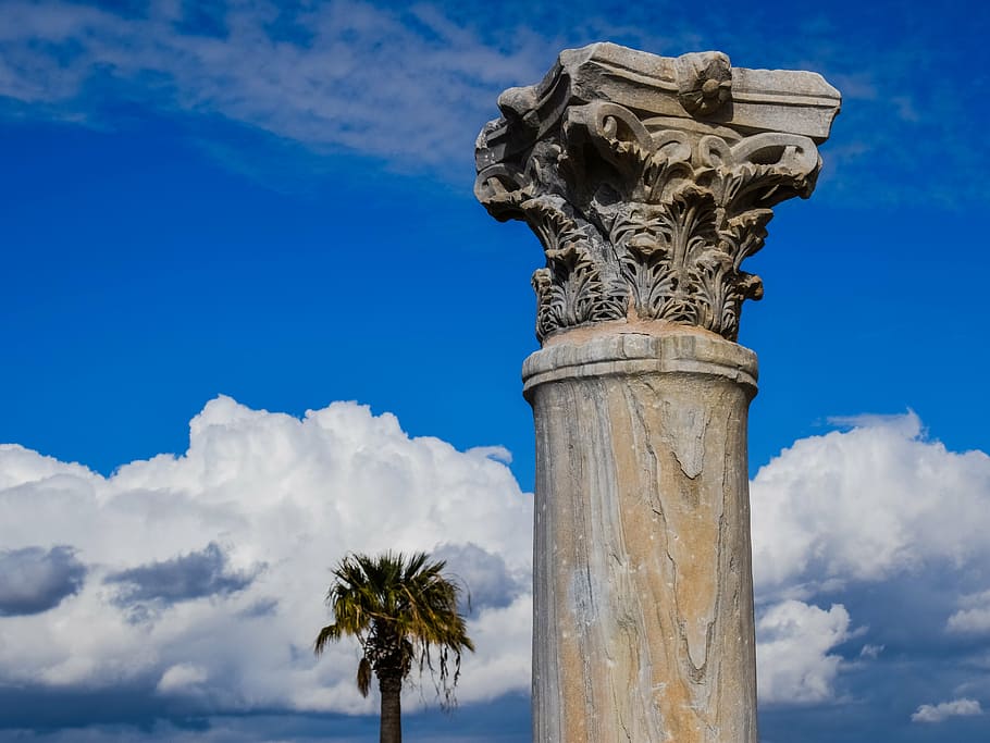 Hormigón, columna de pedestal, azul, cielo, Chipre, Kourion, antiguo, sitio, columna, orden corintio