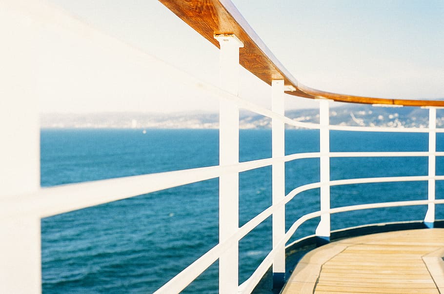 white handrail, white, hand, rails, wood, railing, ship, boat, deck, water
