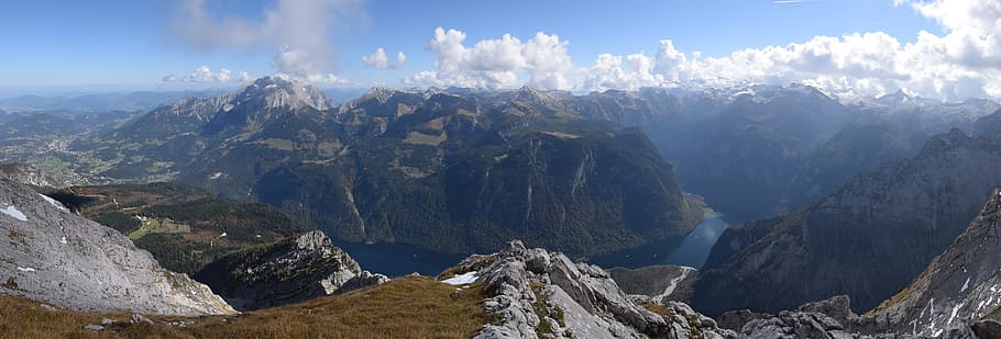 panorama, mountain, berchtesgaden, national park, königssee, hagengebirge, hoher goll, goll, schneibstein, bald mountain