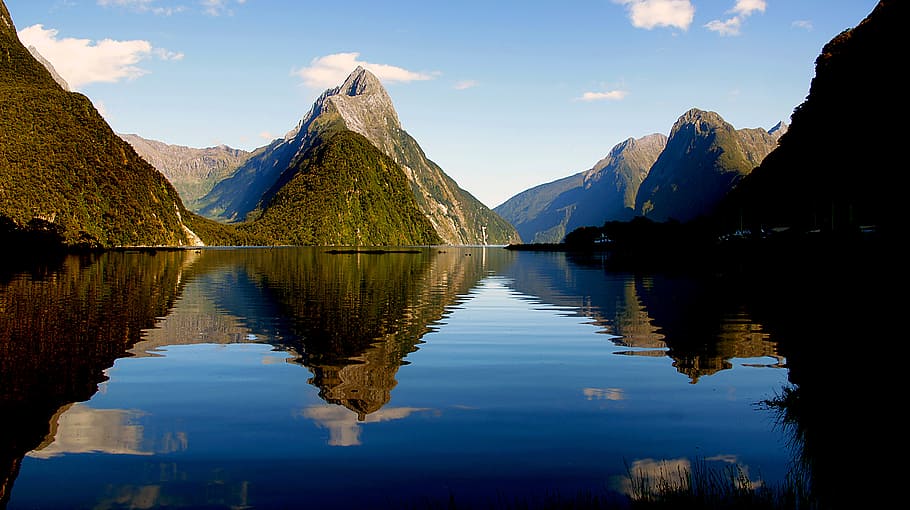 Milford Sound, New Zealand, body of water, mountain, hills, clear, skly, reflection, water, sky