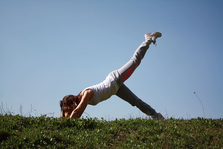 woman, bending, green, field, sport, yoga, pilates, body, yoga pose, female