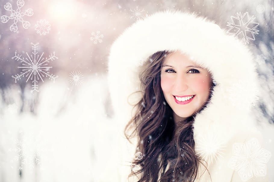 woman, wearing, white, hooded coat, facing, camera, snow, winter, portrait, snowflakes