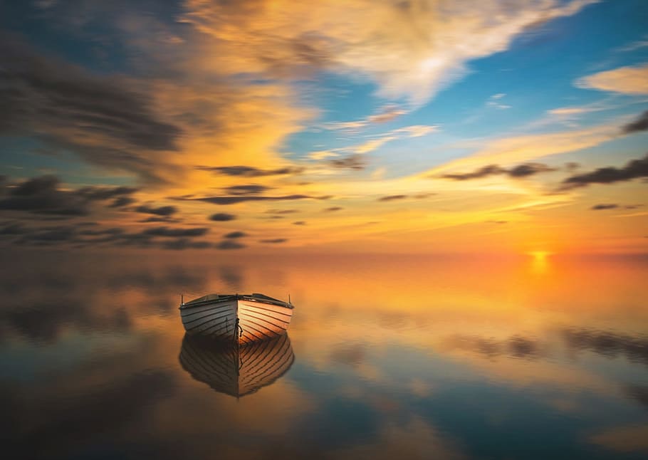 brown, canoe, calm, body, water, golden, hour, sunset, dawn, solar