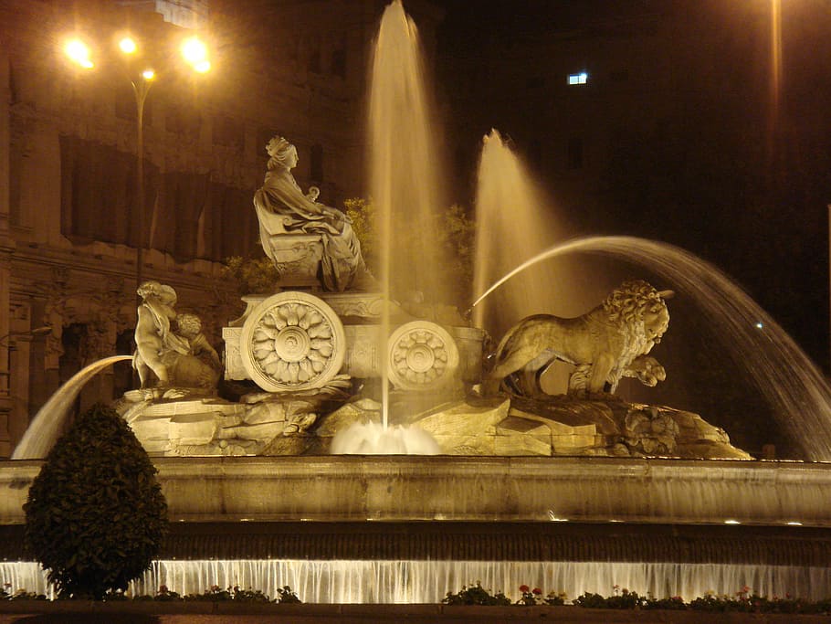 spain, Fountain, Cybele, Madrid, Spain, architecture, fountain of cybele, landmark, Madrid, public domain, night