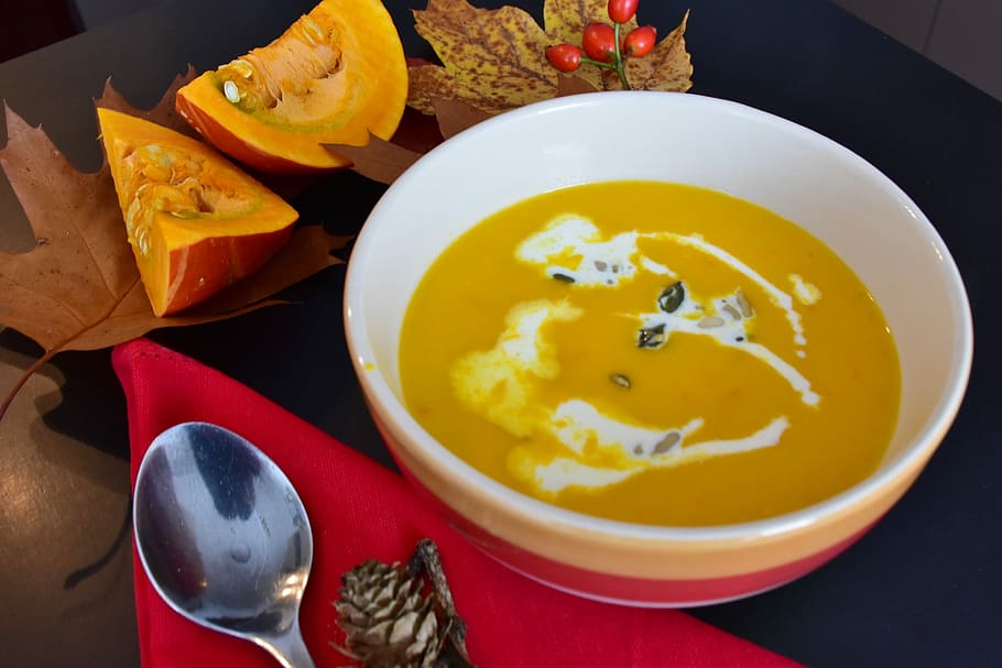 white, ceramic, bowl, Pumpkin Soup, Orange, soup, autumn, plate, eat, food