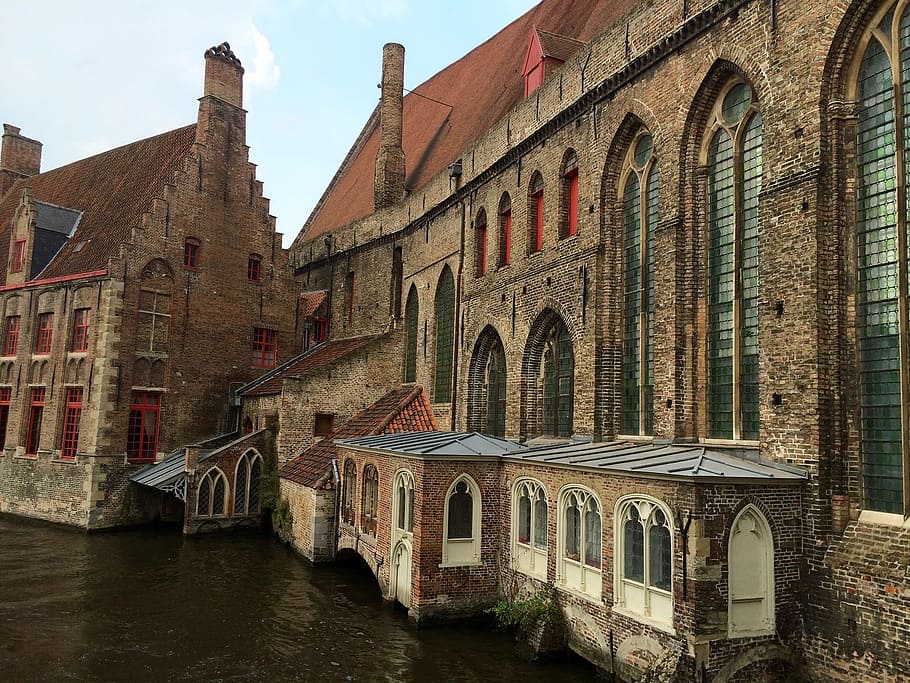 St John'S Hospital, Bruges, Belgium, the cathedral, the construction, water, the summer, pond, nature, clouds