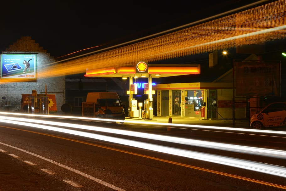 time lapse photography, cars, lights, night, evening, slow shutter speed, traffic, gas and service station, illuminated, architecture