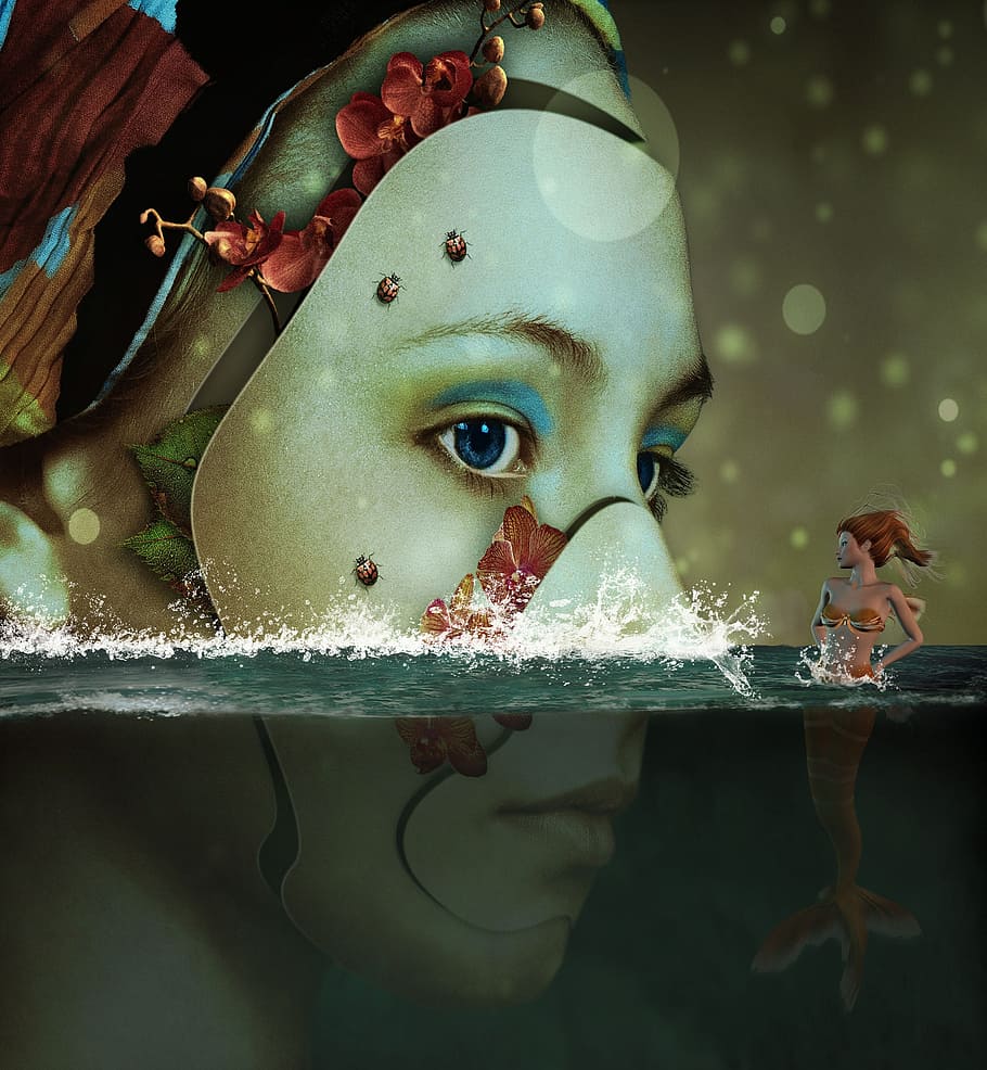 woman, mermaid illusion painting, mermaid, water, face, fantasy, magic, tale, swim, ocean