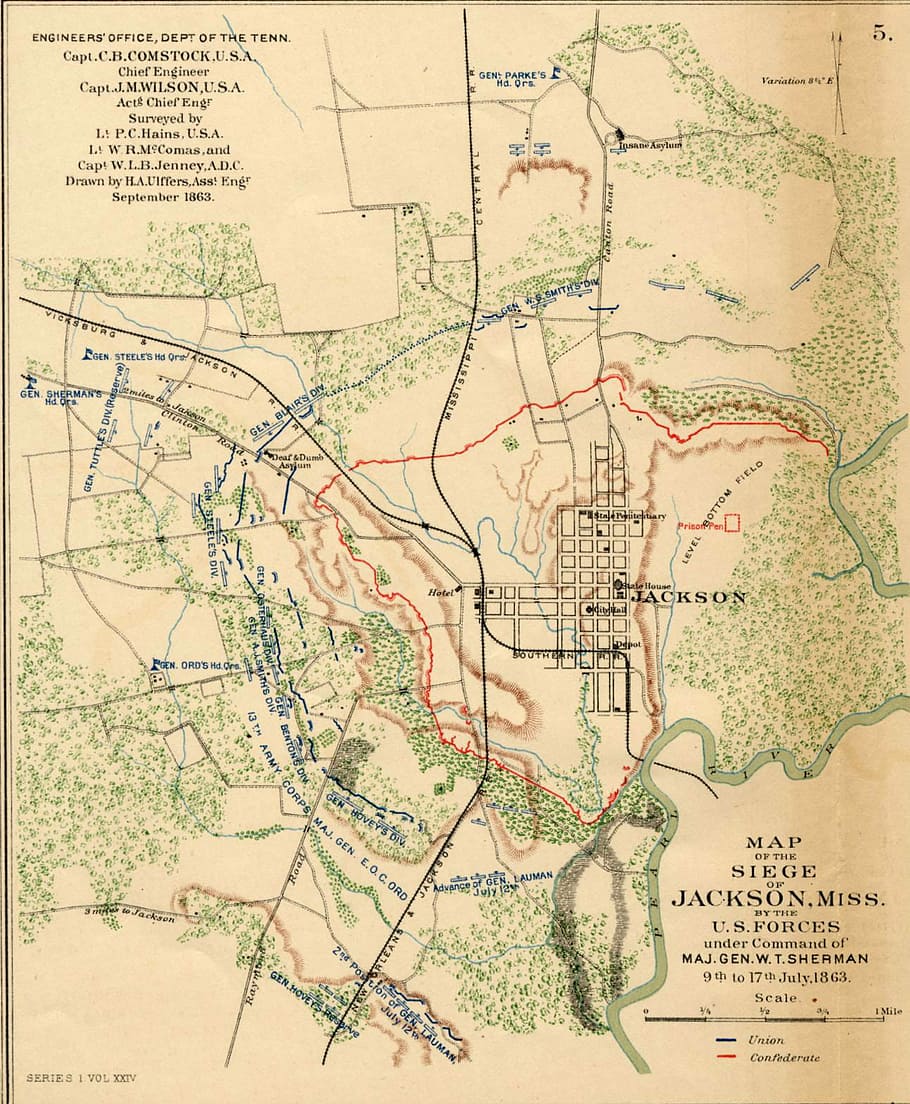 1863年9月マップ, 包囲, ジャクソン, ミシシッピ, 地図, ジャクソン包囲戦, 1863年, 内戦, 写真, パブリックドメイン