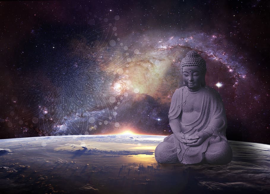 galaxia, buda, zen, meditación, mandala, religión, relax, amplio, universo, dom