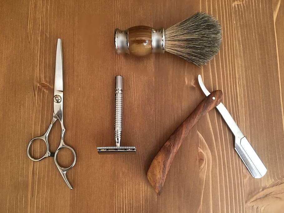 brown, silver grooming kit, wooden, surface, tool, wood, desktop, barbershop, barber, wood - material