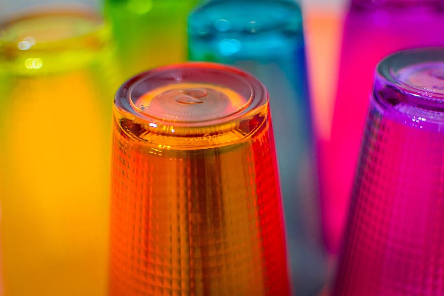 cups, glasses, colours, colors, bottle, close-up, indoors, container, drink, refreshment