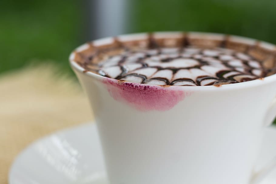 close-up photography, cappuccino, filled, white, ceramic, mug, pink, lipstick stain, beverage, in the morning