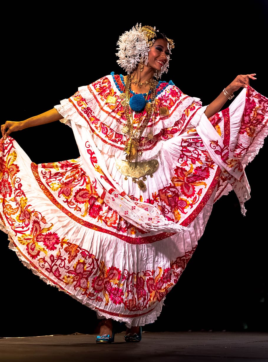 Panama, wanita, tradisi, kostum, indah, warna, gadis, topi, ornamen, tersenyum