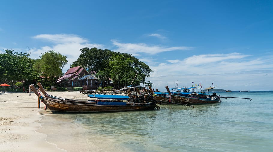 phuket, thailand, phi phi island, wooden boats, travel, sky, sea, beach, blue, water