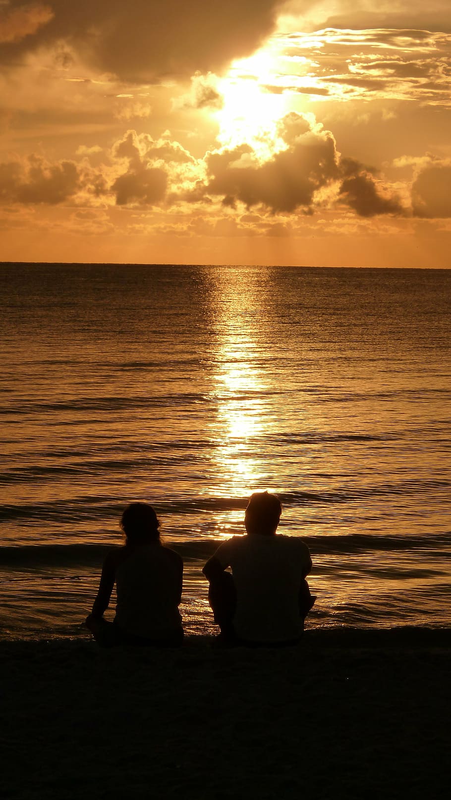 sunset, silhouette, couple, sun, sky, people, nature, beach, water, reflection