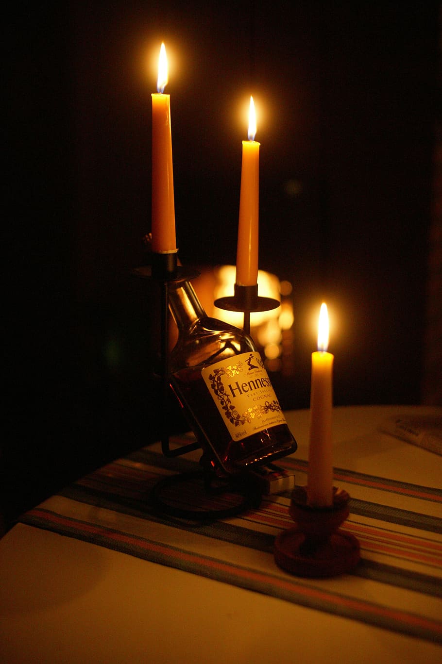 close-up photography, black, white, label bottle, pillar candles, Cognac, Brandy, Candles, Hennessy, Light