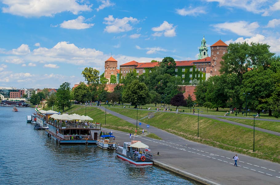 boat, road, building, krakow, poland, europe, wawel, castle, fortress, tower