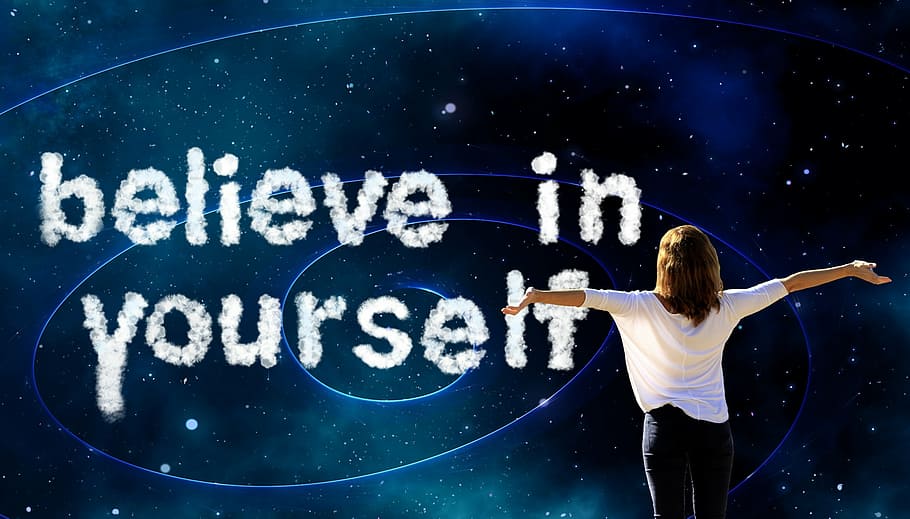 woman, white, shirt, spreading, arms, believe, text overlay, self confidence, self-confidence, power