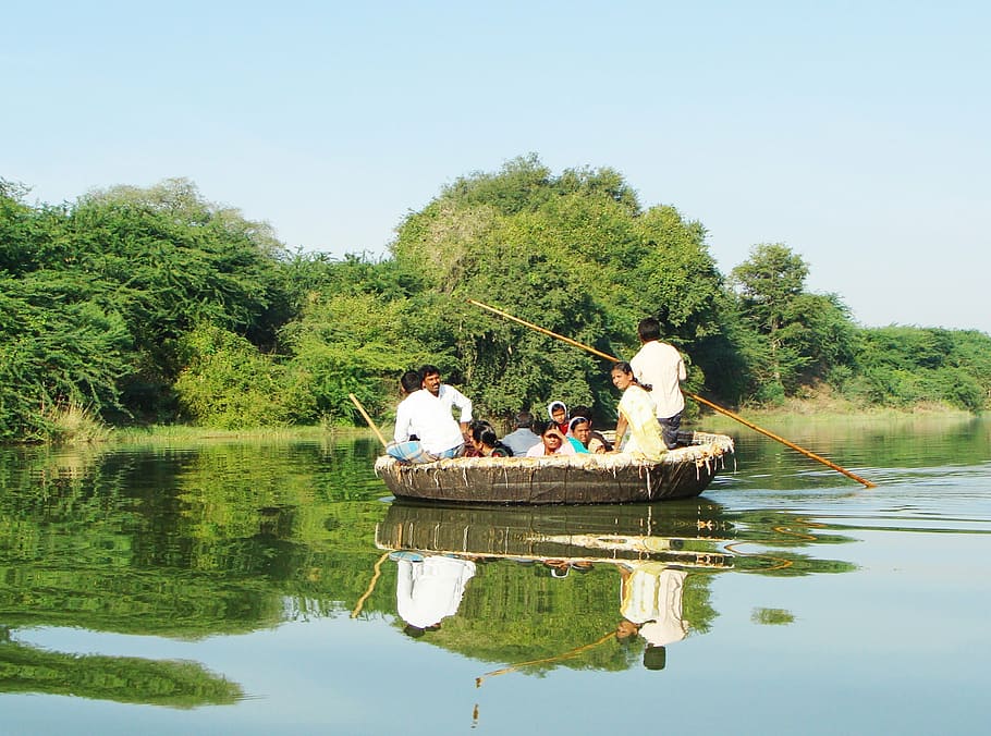 coracle ride, krishna river, raichur, karnataka, india, backwaters, reflection, water, nautical vessel, transportation